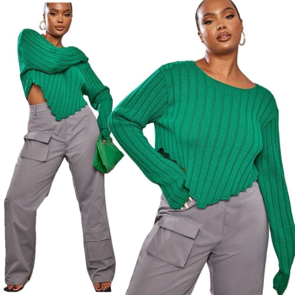 NWT Pretty Little Thing Bright Green Chunky Knit Long Sleeve Dip Hem Crop Top XL